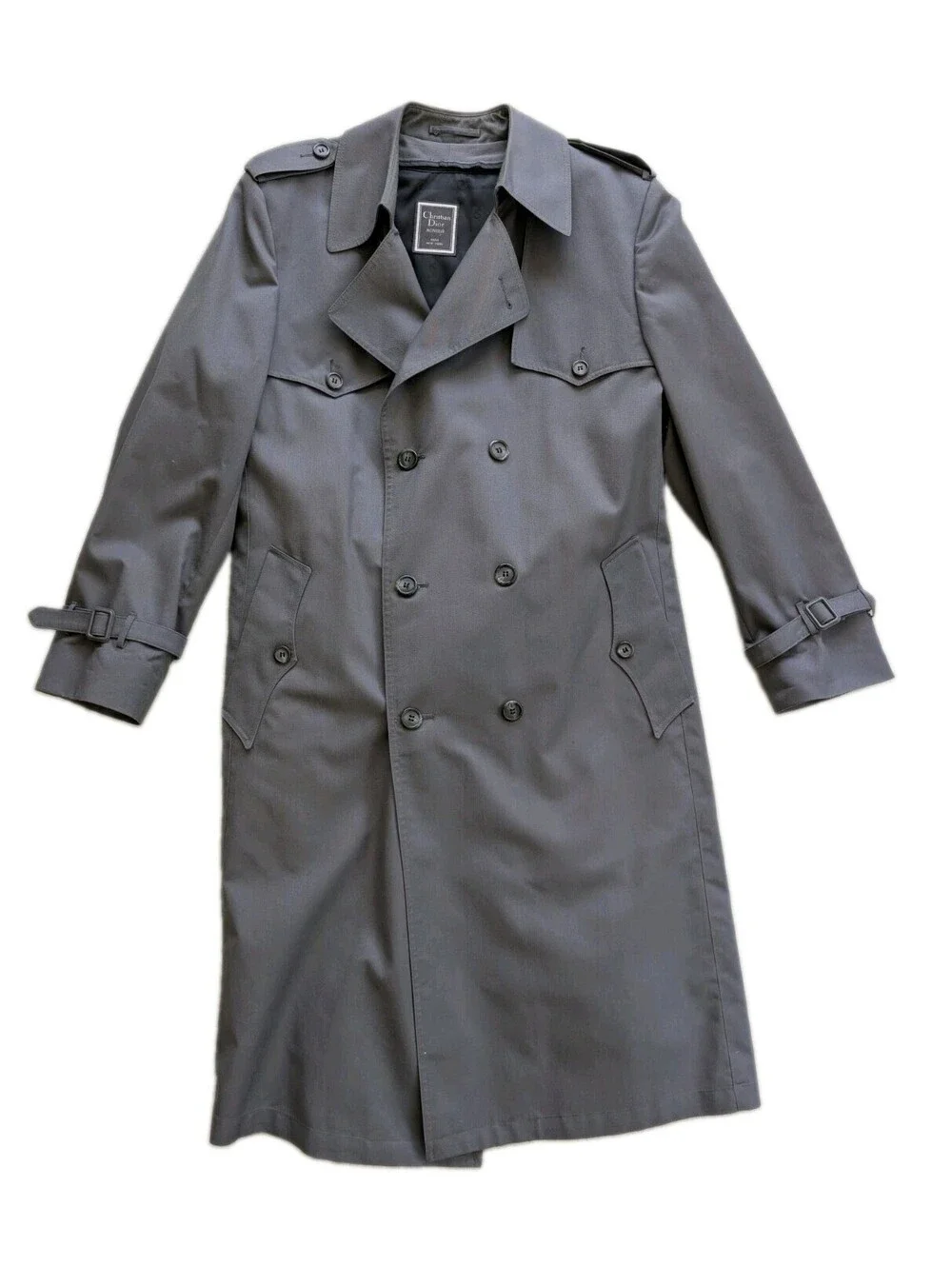 Vintage Christian Dior Monsieur Trench Coat Gray 42R Wool Liner Double Breasted